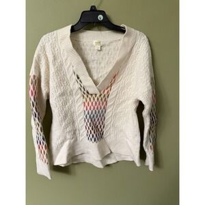 Anthropologie Maeve V-Neck Cable-Knit Lambs Wool Sweater Large Rainbow Boho Soft